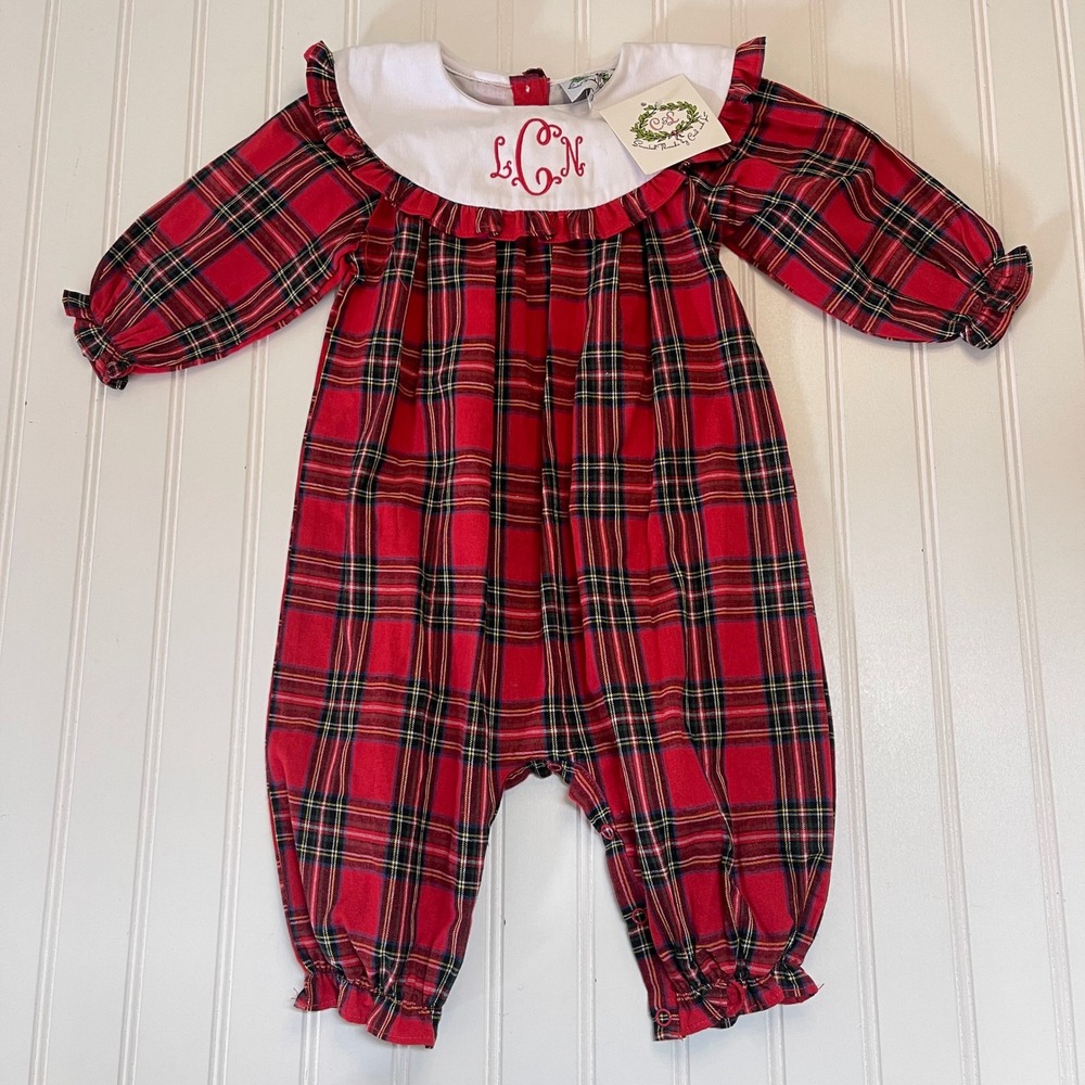 NWT Cecil and Lou Baby Girls Red Plaid Monogram LNC LCN Christmas Romper 9M